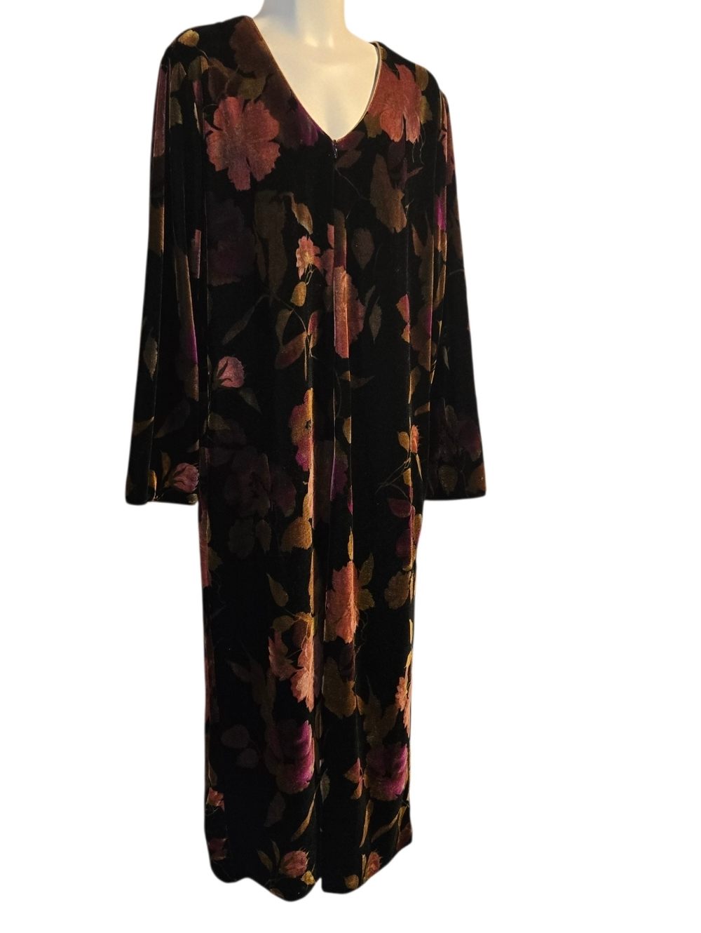 Vintage Vanity Fair Floral Velvet Robe Dress Midi V-Neck Long Sleeve M/L